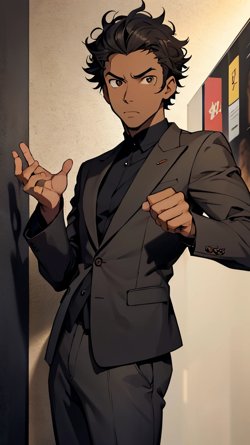 Anime styles, black man with brown eyes, slim, gray suit, serious expression, short curly black hair, hotel wall background, looking to the left, in different positions, gesturing and talking