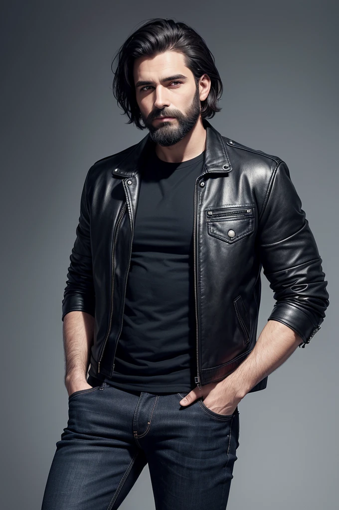 A man with a well-groomed beard and short, dark hair. He is wearing a black leather jacket over a dark shirt, paired with blue jeans. His hands are casually tucked into his pockets, and he is wearing black shoes. The background is dark, making his figure stand out prominently.