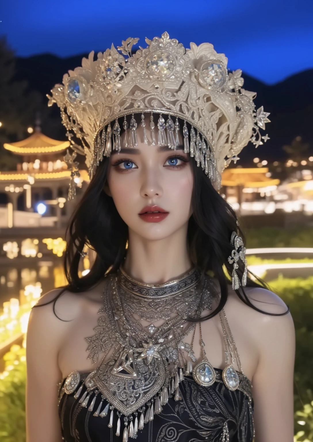 Royal sisters，Exquisite eyes，Frozen queen，Put the crown on your head，Detailed facial expressions body，tall and big，Glamorous characters，Leg length，4K，HD，The look，White translucent lace，白皙Full figure，Little cherry mouth，Beautiful and lovely，Full figure，Glossy Gel Coat，Vampire Queen in luxurious gown，Have a tattoo(Intricate tattoo designs)，The tattoo is very three-dimensional，Ice Princess，Rich facial details，Eyes are blue(Pupils as deep as the starry sky)，Gorgeous silk(Silky reflective)，Wear dark red lipstick，Gorgeous clothing，