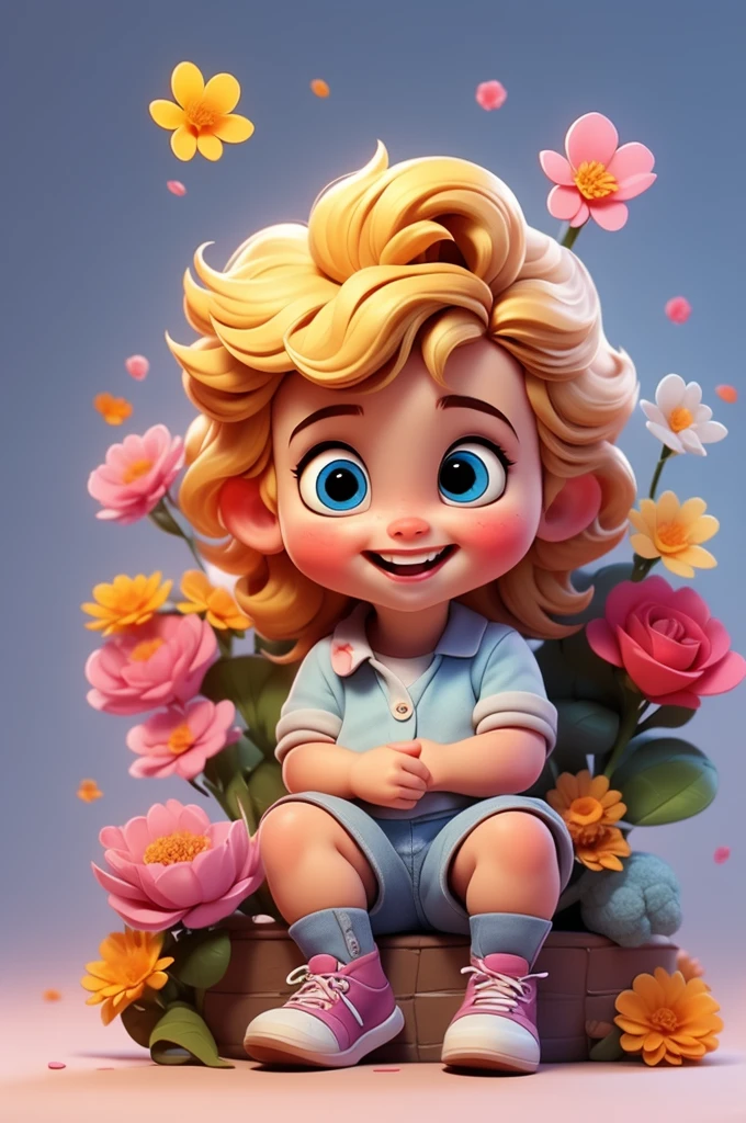cute baby chibi girl blonde hair, flower in head, white and pink background, smiling happy, blue eyes, big eleyelash, rosy cheeks, blue shoes
