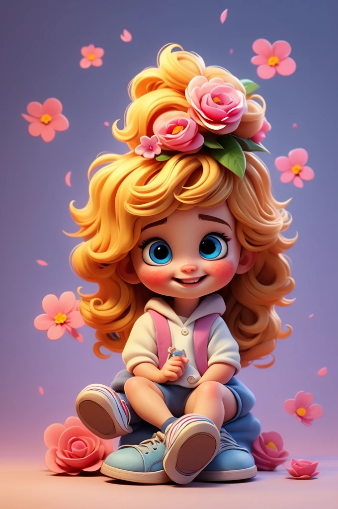 cute  chibi girl blonde hair, flower in head, white and pink background, smiling happy, blue eyes, big eleyelash, rosy cheeks, blue shoes
