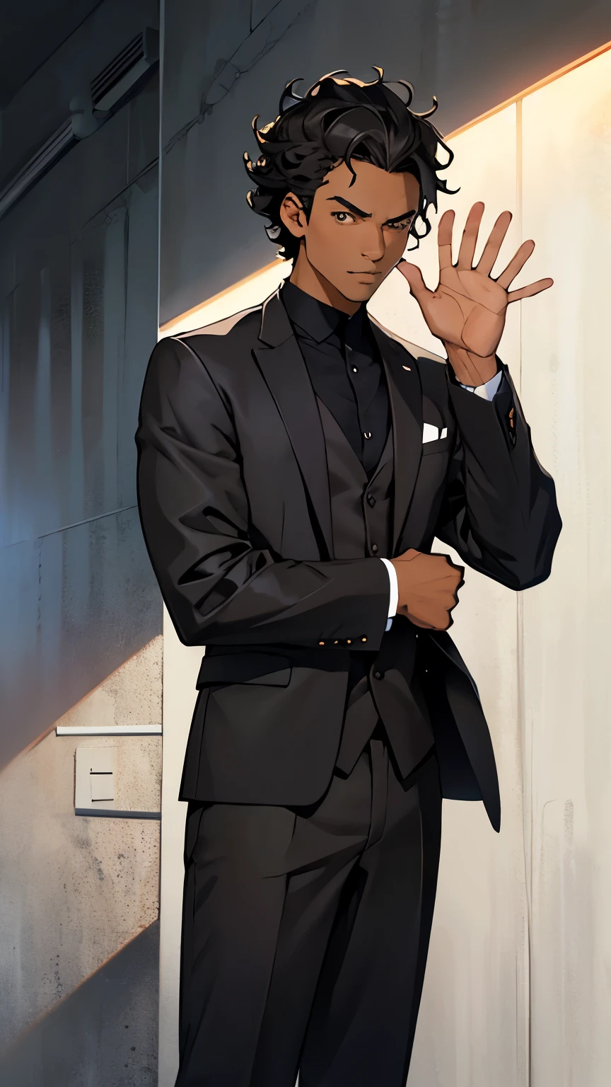 Anime styles, black man with brown eyes, slim, gray suit, serious expression, short curly black hair, hotel wall background, saying hello with a wave of the hand