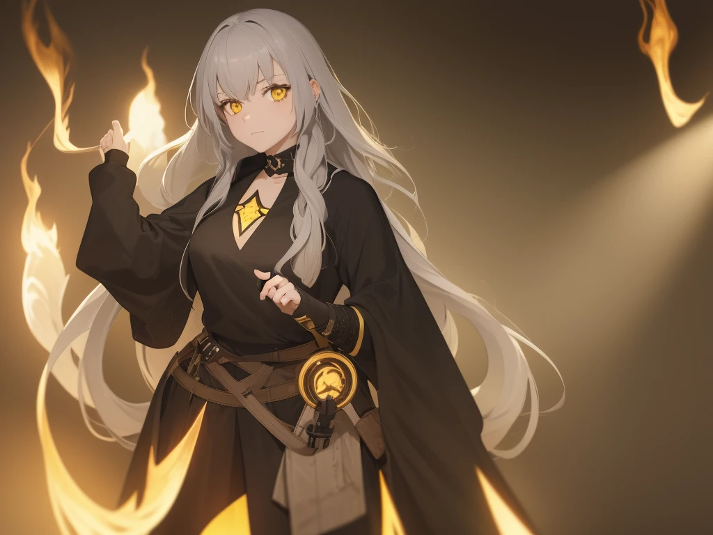 High detail, clarity, 8kk, young girl, 18 years old, light gray hair, long hair, yellow eyes, standing on fire, realism, fantasy,