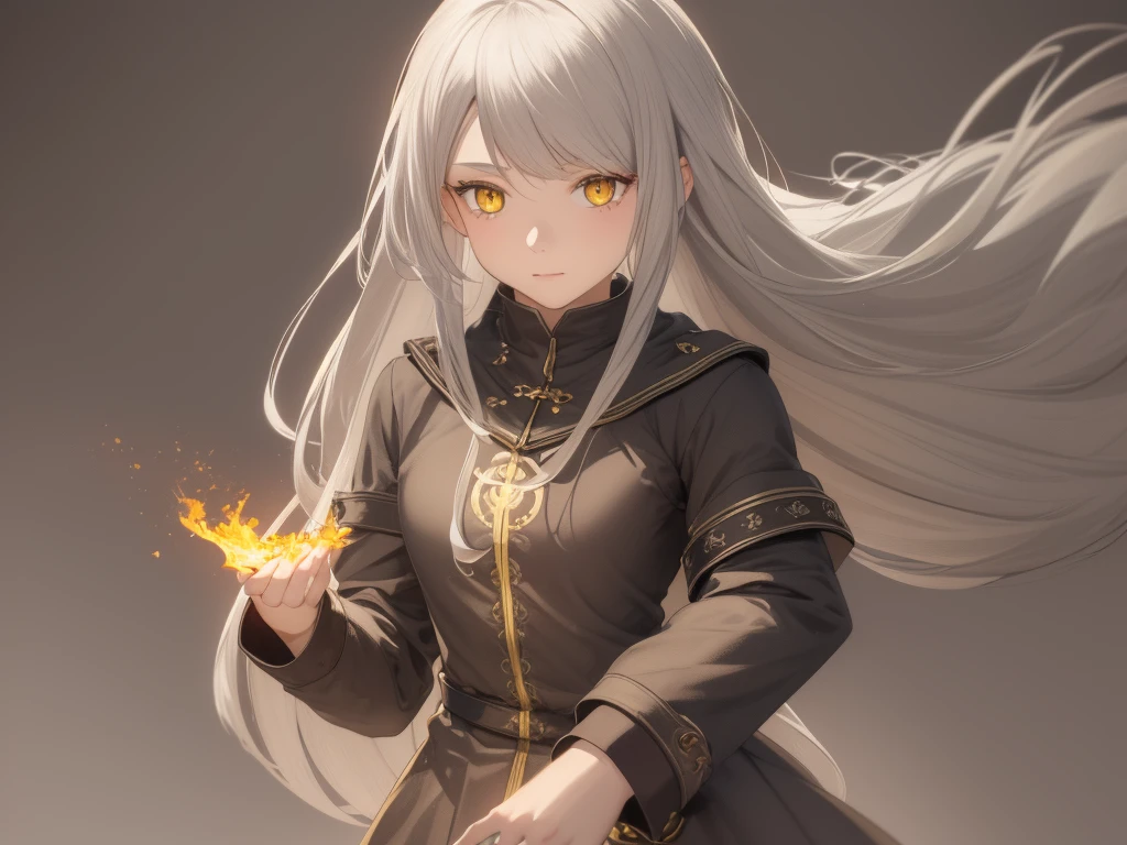 High detail, clarity, 8kk, young girl, 18 years old, light gray hair, long hair, yellow eyes, standing on fire, realism, fantasy,