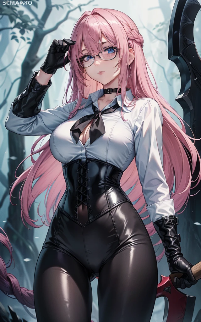 Masterpiece, Beautiful art, professional artist, 8k, art style by sciamano240, Very detailed face, Detailed clothing, detailed fabric, 1 girl, perfectly drawn body, fighting pose, beautiful face, long hair, blue eyes, very detailed eyes, pink cheeks, shy expression, glasses, choker:1.6, (long sleeve white collar buttoned shirt), black gloves, gloves covering hands, (holding an ax in the right hand), (black leather corset), (shiny black leggings), sensual lips ,  evening de invierno, show details in the eyes, view from front, looking at the viewer, dark path, dark forest, evening, Atmosphere, fog