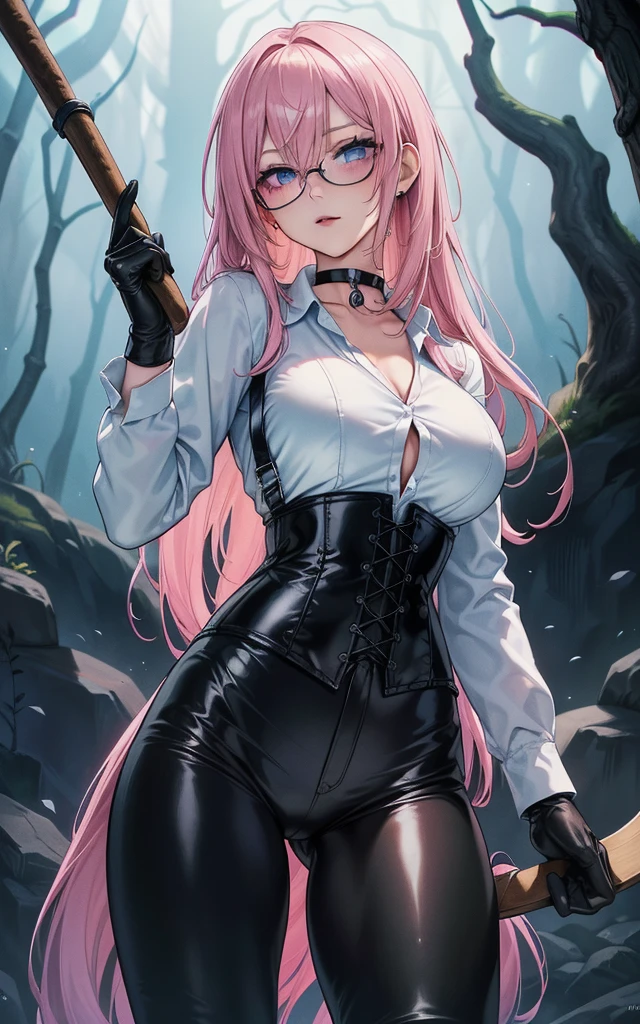 Masterpiece, Beautiful art, professional artist, 8k, art style by sciamano240, Very detailed face, Detailed clothing, detailed fabric, 1 girl, perfectly drawn body, fighting pose, beautiful face, long hair, blue eyes, very detailed eyes, pink cheeks, shy expression, glasses, choker:1.6, (long sleeve white collar buttoned shirt), black gloves, gloves covering hands, (holding an ax in the right hand), (black leather corset), (shiny black leggings), sensual lips ,  evening de invierno, show details in the eyes, view from front, looking at the viewer, dark path, dark forest, evening, Atmosphere, fog