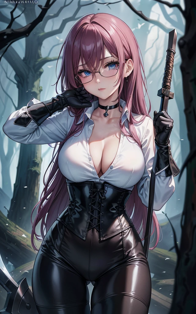 Masterpiece, Beautiful art, professional artist, 8k, art style by sciamano240, Very detailed face, Detailed clothing, detailed fabric, 1 girl, perfectly drawn body, fighting pose, beautiful face, long hair, blue eyes, very detailed eyes, pink cheeks, shy expression, glasses, choker:1.6, (long sleeve white collar buttoned shirt), black gloves, gloves covering hands, (holding an ax in the right hand), (black leather corset), (shiny black leggings), sensual lips , evening de invierno, show details in the eyes, view from front, looking at the viewer, dark path, dark forest, evening, Atmosphere, fog