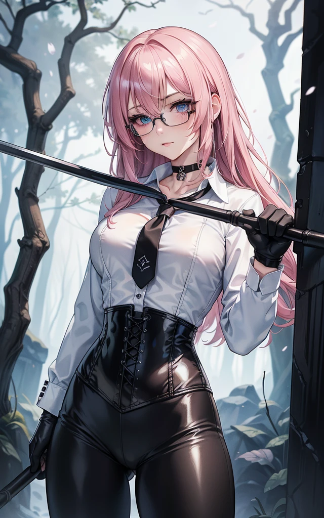 Masterpiece, Beautiful art, professional artist, 8k, art style by sciamano240, Very detailed face, Detailed clothing, detailed fabric, 1 girl, perfectly drawn body, fighting pose, beautiful face, long hair, blue eyes, very detailed eyes, pink cheeks, shy expression, glasses, choker:1.6, (long sleeve white collar buttoned shirt), black gloves, gloves covering hands, (holding an ax in the right hand), (black leather corset), (shiny black leggings), sensual lips ,  evening de invierno, show details in the eyes, view from front, looking at the viewer, dark path, dark forest, evening, Atmosphere, fog