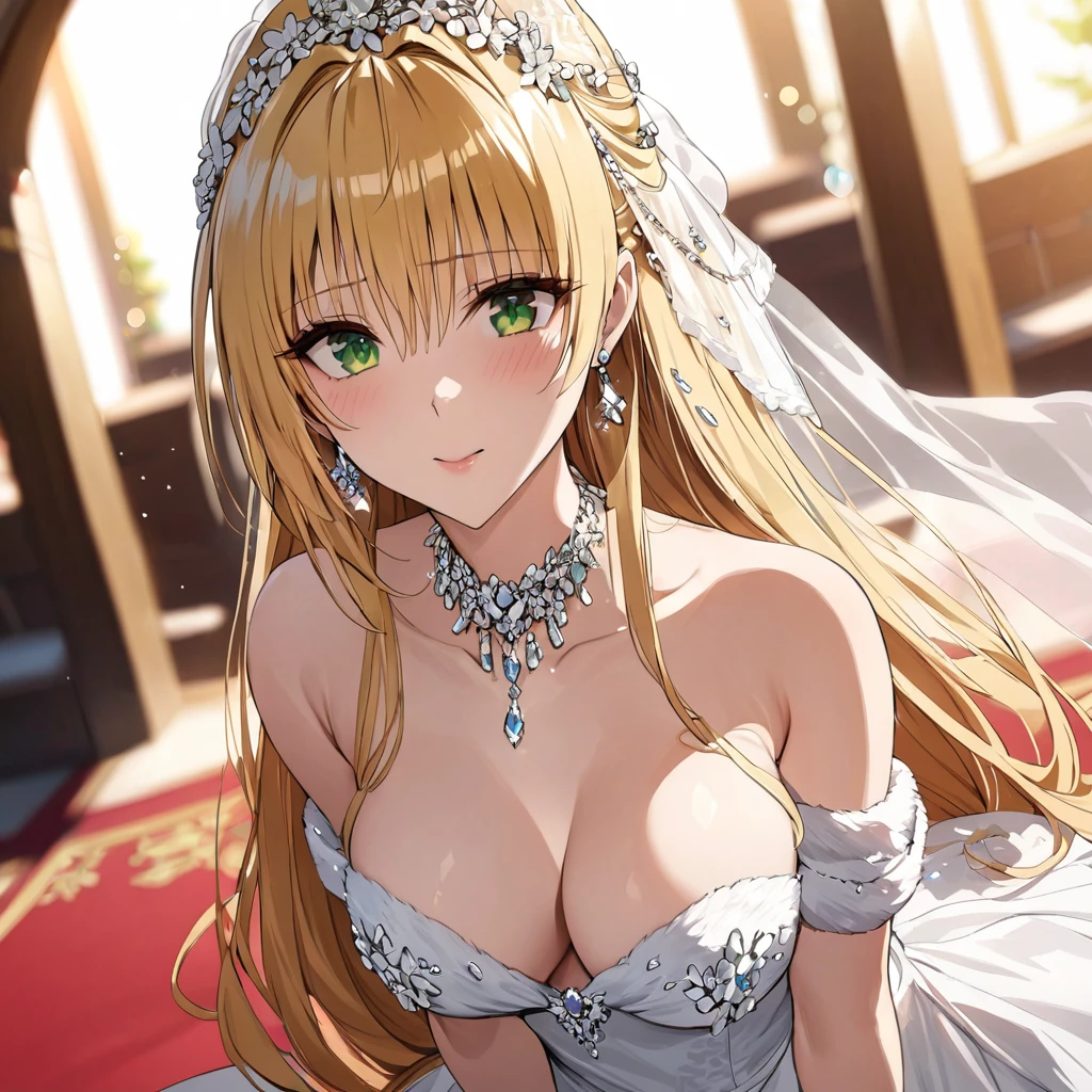 ((Highest quality)), ((masterpiece)), (detailed), （Perfect Face）、The woman is Tiare, has green eyes, medium-long blonde hair, and is wearing an engagement ring.、The woman is wearing a gorgeous, dazzlingly jeweled wedding dress, a wedding veil, a gorgeously jeweled wedding head dress chain, gorgeous jeweled earrings, and other gorgeous, dazzling accessories, and is in a church with a gorgeous red carpet laid out.