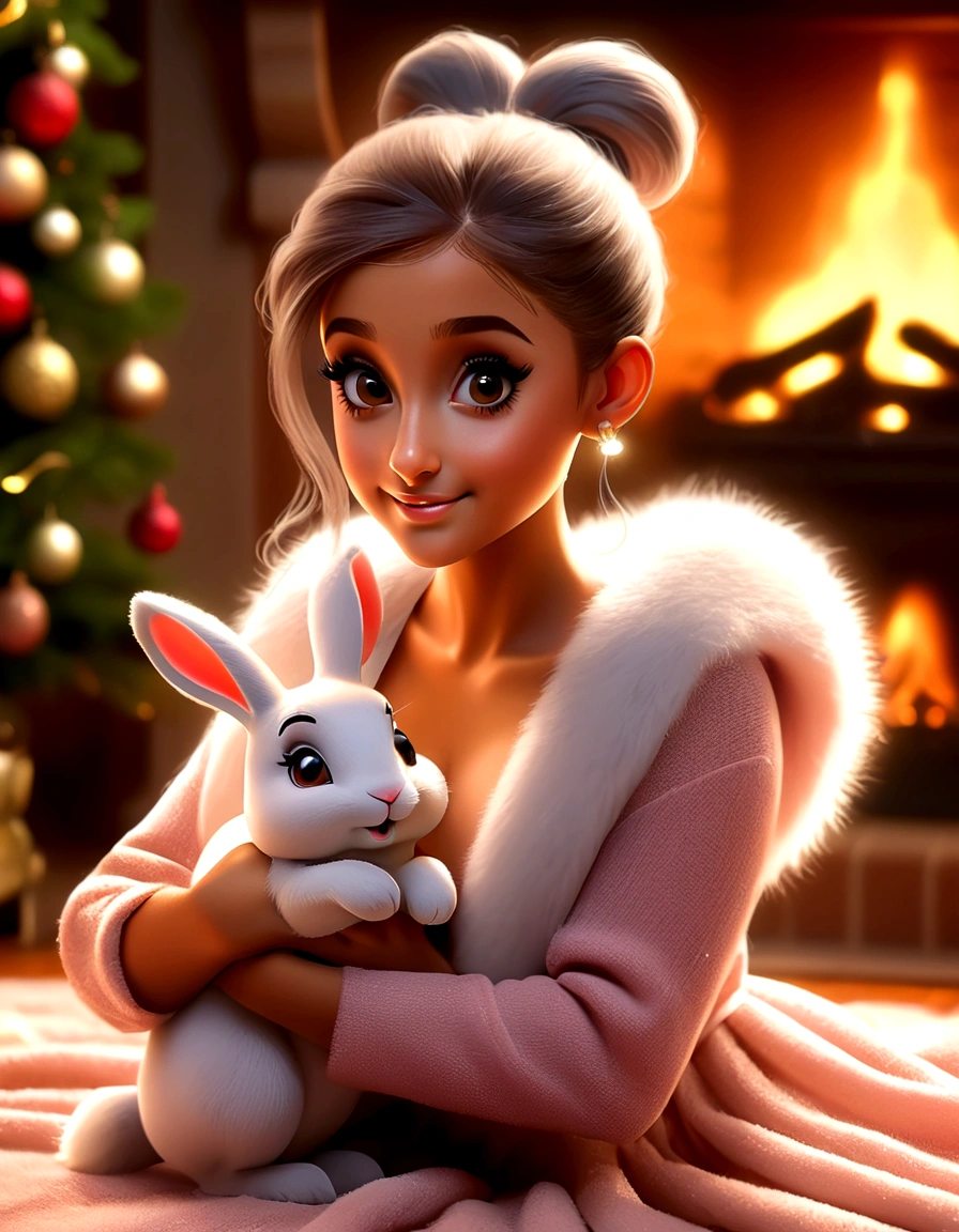 a cute woman, Ariana Grande (age 25), airy sheer hip length fully open night gown (not tied) (midriff and genitals exposed), no underwear, kneeling on a fur rug, near fireplace, Christmas decorations, petting a bunny, flirtatious, ultra-detailed, 8k, highres, masterpiece, realistic, photorealistic, photo-realistic, HDR, UHD, studio lighting, ultra-fine painting, sharp focus, physically-based rendering, extreme detail description, professional, vivid colors, bokeh, portraits, chiaroscuro lighting, warm color tones
