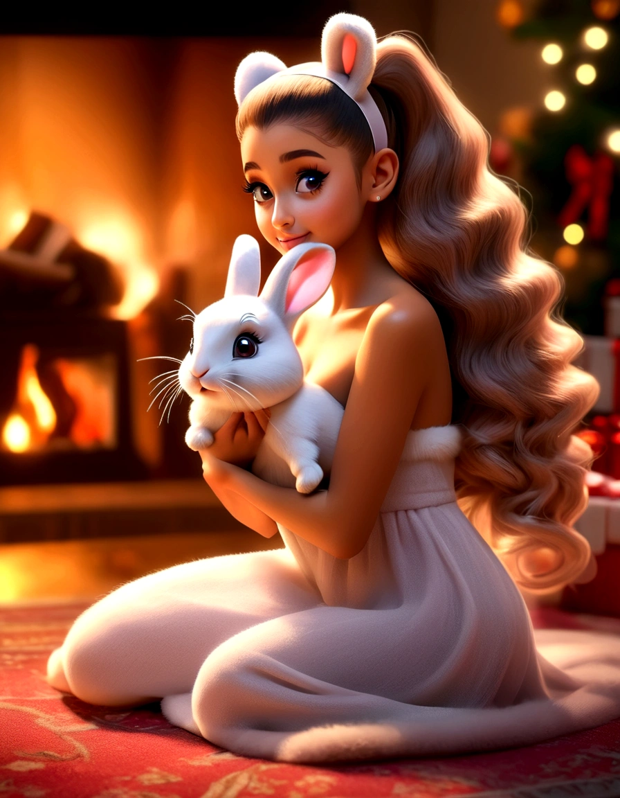 a cute woman, Ariana Grande (age 25), airy sheer hip length fully open night gown (not tied) (midriff and genitals exposed), no underwear, kneeling on a fur rug, near fireplace, Christmas decorations, petting a bunny, flirtatious, ultra-detailed, 8k, highres, masterpiece, realistic, photorealistic, photo-realistic, HDR, UHD, studio lighting, ultra-fine painting, sharp focus, physically-based rendering, extreme detail description, professional, vivid colors, bokeh, portraits, chiaroscuro lighting, warm color tones