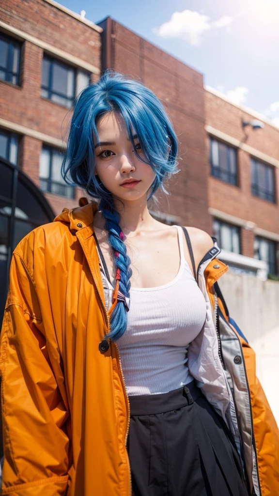 Cute girl with blue hair and orange jacket standing in front of a building, realistic