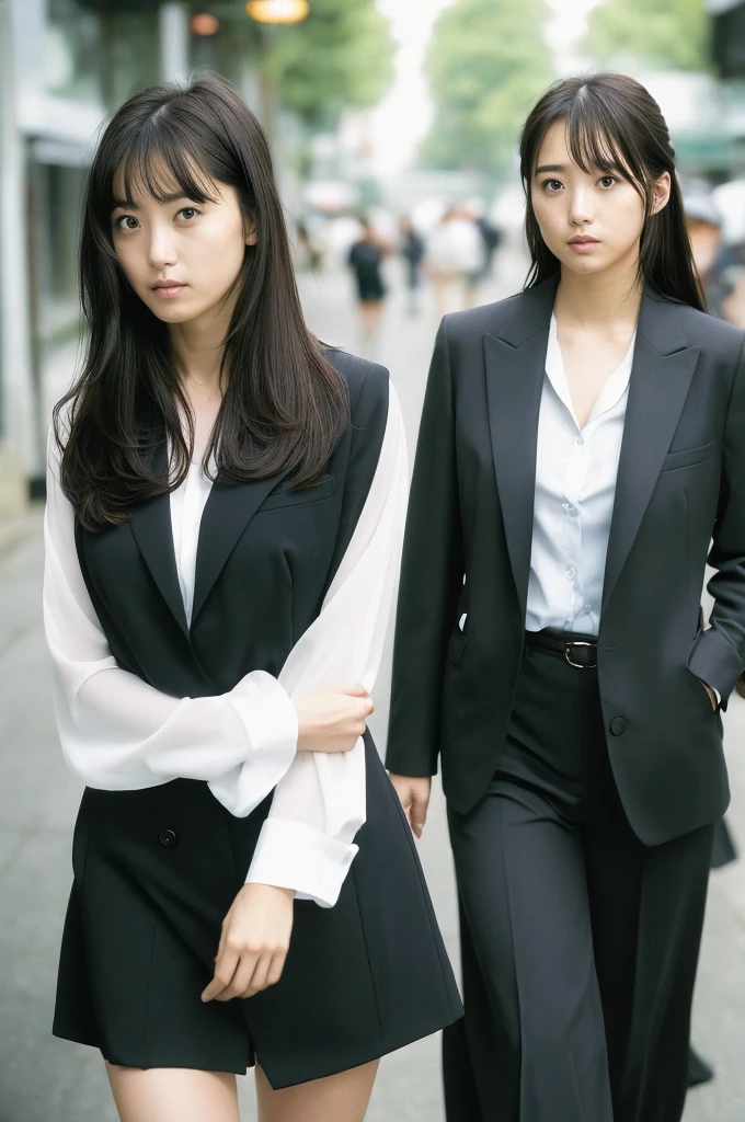 (((One girl,alone))),(Highly realistic photos, High resolution, Detailed face, Beautiful Eyes) Japanese women, 21 years old, Cute face, alone:1, Nice body, Plump figure, Medium chest, Narrow waist, Various Hair Styles, Very closely tied, Take a photo book,Thighs、Formal Wear,Dark Sky、darkness、Blade Runner,shirt、walk