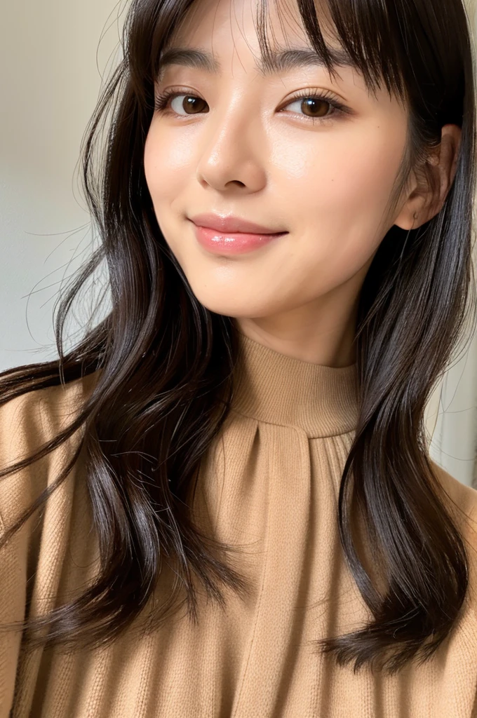 ・Japanese woman in her early 20s。With bob hair、Brown medium hair。Slit eyes。Clean face line。Gives a classy impression。Wearing a black blouse。Taking a selfie。