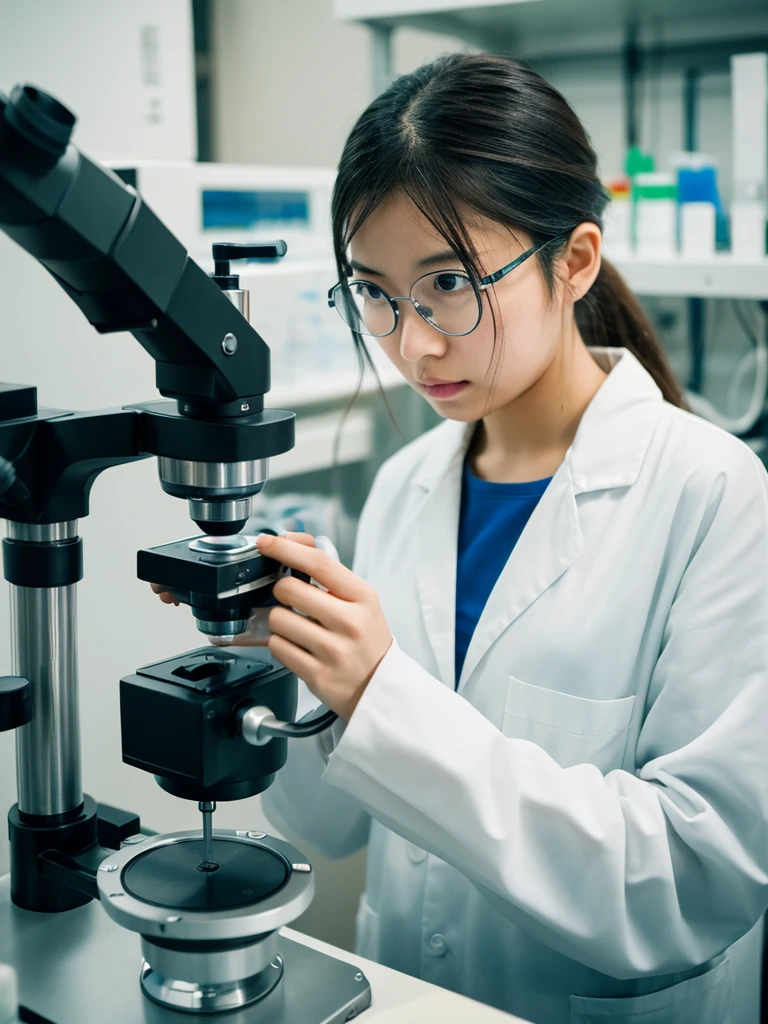 Highest quality, 8K, 1. Young Japanese female scientist, Laboratory, White, Looking through a microscope, Serious expression, ponytail, clean environment, Sharp focus, Professional photography, Upper Body, Intellectual atmosphere, High contrast lighting, Scientific equipment in the background