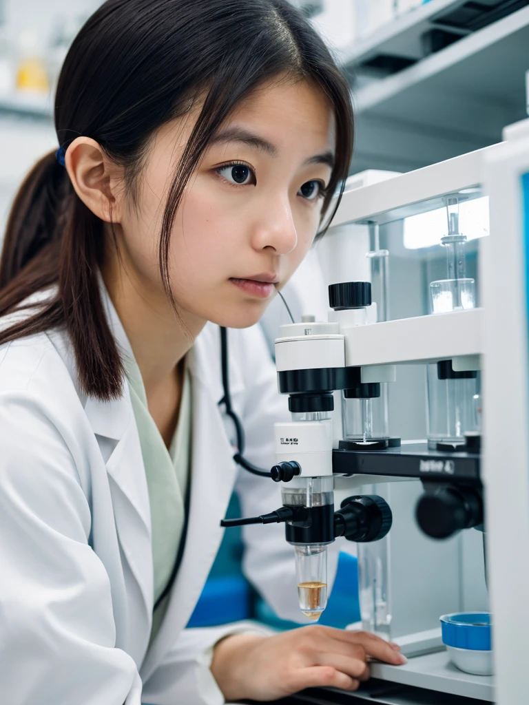 Highest quality, 8K, 1. Young Japanese female scientist, Laboratory, White, Looking through a microscope, Serious expression, ponytail, clean environment, Sharp focus, Professional photography, Upper Body, Intellectual atmosphere, High contrast lighting, Scientific equipment in the background