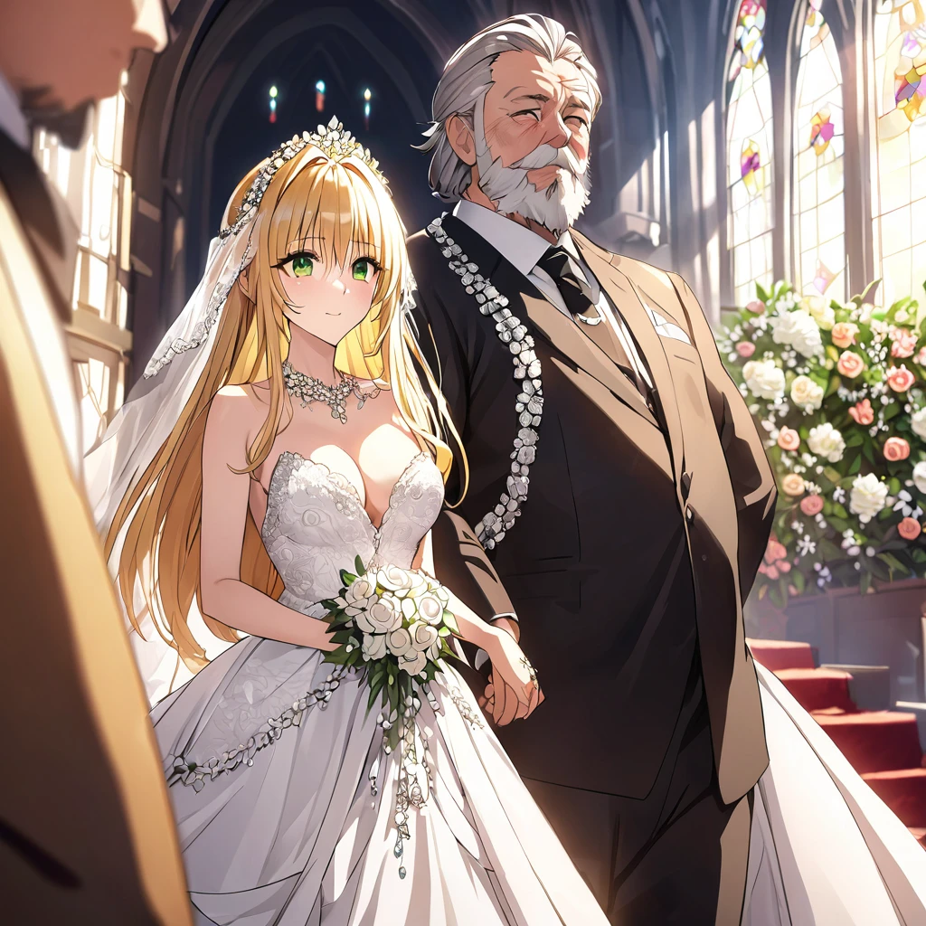 ((Highest quality)), ((masterpiece)), (detailed), (Perfect Face)、The woman is Tiare, has green eyes, medium-long blonde hair, and is wearing an engagement ring.、The woman is wearing a gorgeous, dazzlingly jeweled wedding dress, a wedding veil, a gorgeously jeweled wedding headdress chain, gorgeous, glittering accessories, and is being led by a dignified, bearded, elderly man down the red carpet aisle in a gorgeous church to hold her wedding ceremony.、The man is a dignified, bearded old man, very wealthy, dressed in luxurious clothes and wearing an engagement ring.