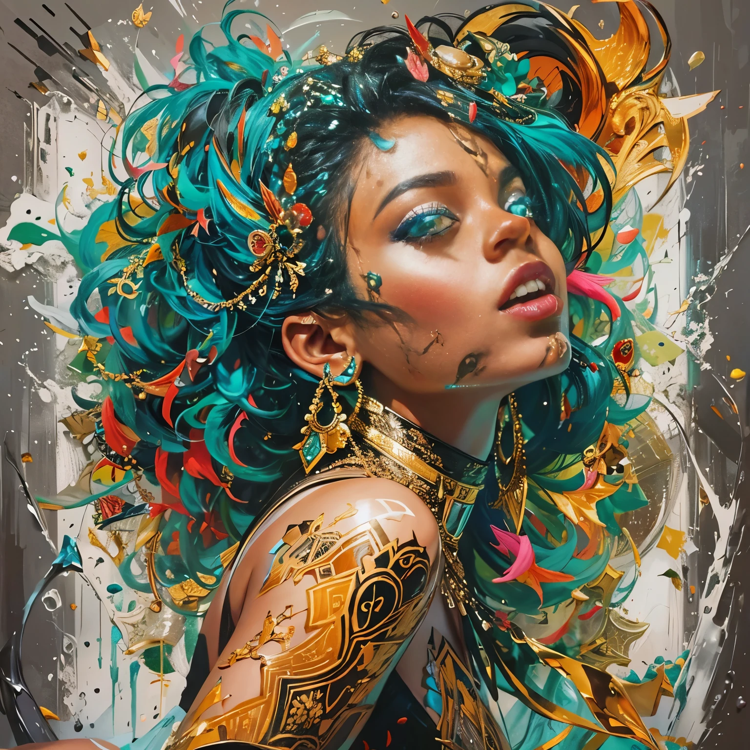 Beautiful Black Women Paintings, pretty much beautiful face, hip hop, Soulful, Avant-garde, Queen of the Streets, Check it out, Ultra-detailed paintings inspired by Wow, Art Station Trends, Fantasy art, A complex mess, The art of hitting, Wallop Art, Wow |, Wallop Style, Beautiful character drawings, Urop's painting style, Wow | The buds of art, Unparalleled Beauty Tumbler, Figurative art, Intense watercolor, Watercolor detailed art, Watercolor splash, Surreal, Avant-garde pop art, Beautiful and expressive paintings, Beautiful artwork illustration, Very colorful tones, wonderful, Cool Beauty, masterpiece, Highest quality, Official Art, women only, Sharp contours, Best Shot, Vector art, By Sandra Chevrier, Dave McCain、Richard Avedon、By Makiej Kusiala, Bright design