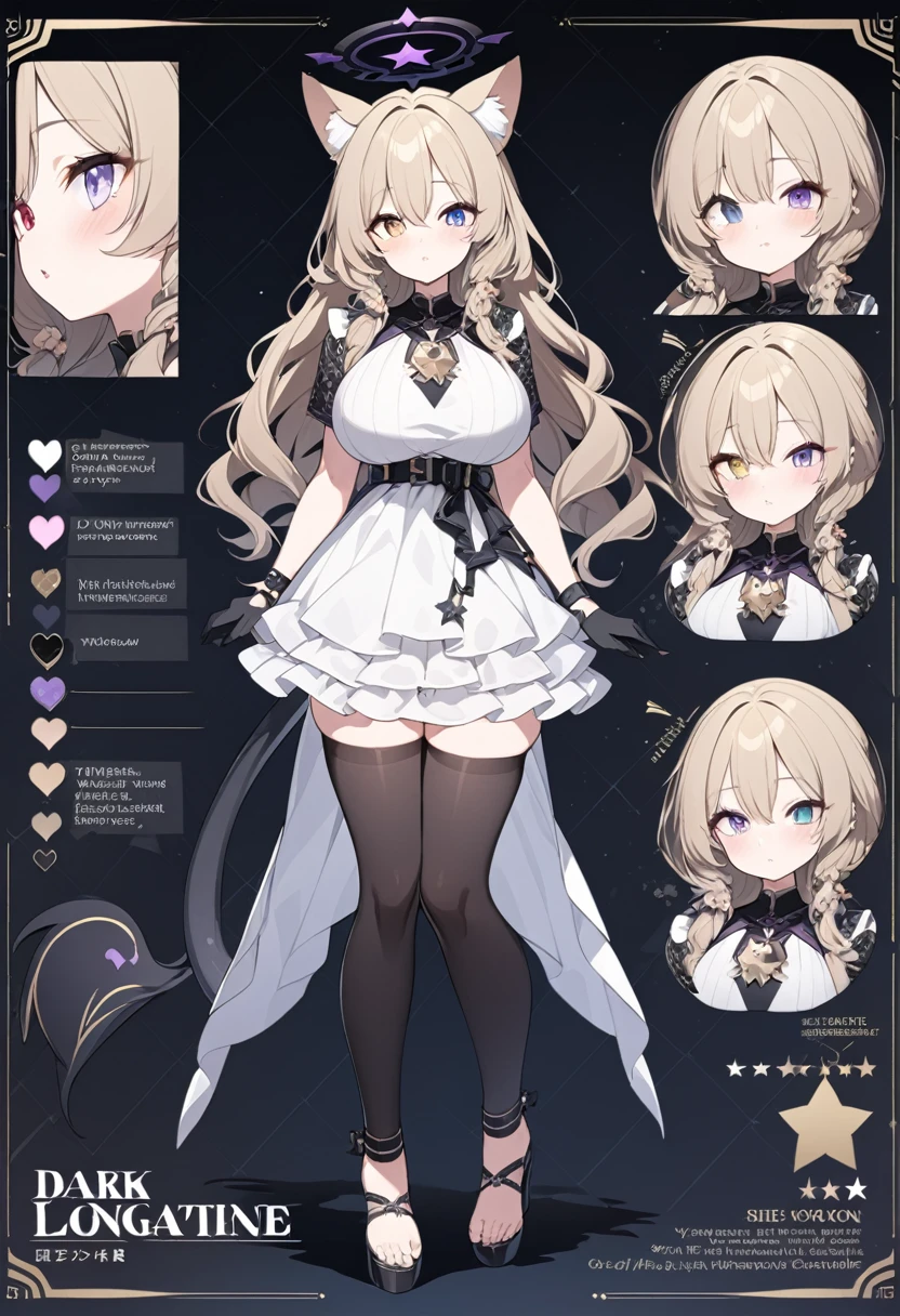 1 tall girl, Dark blonde long hair, slim build, wavy hair with knee length curls, small face, sectoral heterochromia (one gray eye and one purple eye), star ribbon on the right side of the hair, She has a short double braid on the left and right side of her head..... , extremely detailed face, Beautiful detailed eyes, beautiful detailed lips. short height 180cm, adorable, extremely detailed legs, (Best Quality, 4k, 8k, high resolution, Masterpiece: 1.2), ultra detailed, Exquisite and epic character art..., Amazing modern character trending theme..., character design (Character Reference Sheet: 1.10, Full body front and rear angle..), Black long stockings with elegant striped design..., Black platform heels, One Piece Long Ruffle Dress., black shoulder length gloves with gold star patterns, light gray belt over the dress, black necklace with heart emblem on the neck. Serval ears on the head..., It has a succubus tail that ends in a star shape..... Wide hips. Wears a black halo with purple star patterns.. big breast size