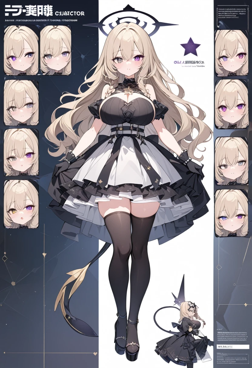 1 tall girl, Dark blonde long hair, slim build, wavy hair with knee length curls, small face, sectoral heterochromia (one gray eye and one purple eye), star ribbon on the right side of the hair, She has a short double braid on the left and right side of her head..... , extremely detailed face, Beautiful detailed eyes, beautiful detailed lips. short height 180cm, adorable, extremely detailed legs, (Best Quality, 4k, 8k, high resolution, Masterpiece: 1.2), ultra detailed, Exquisite and epic character art..., Amazing modern character trending theme..., character design (Character Reference Sheet: 1.10, Full body front and rear angle..), Black long stockings with elegant striped design..., Black platform heels, One Piece Long Ruffle Dress., black shoulder length gloves with gold star patterns, light gray belt over the dress, black necklace with heart emblem on the neck. Serval ears on the head..., It has a succubus tail that ends in a star shape..... Wide hips. Wears a black halo with purple star patterns.. big breast size
