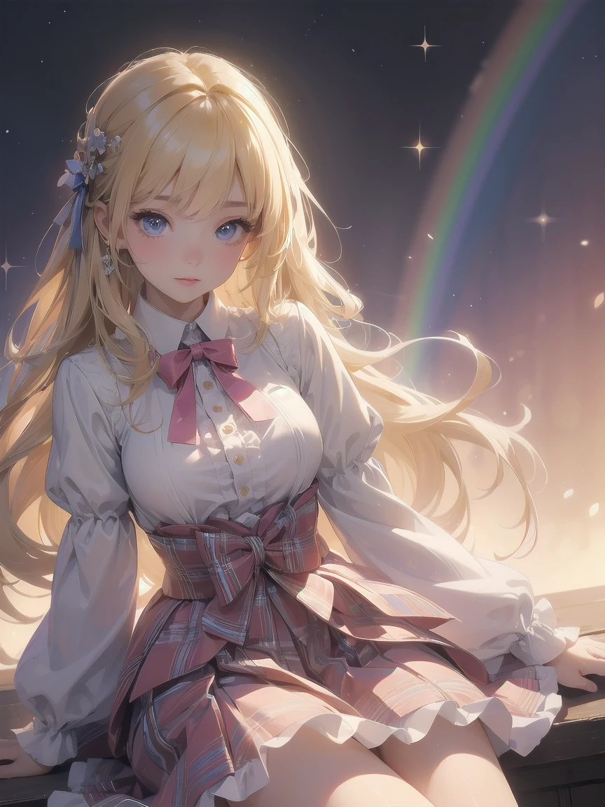 ((傑作 Highest quality:1.4)), ((Tabletop, Highest quality)), (8K quality), (Detailed Background:1.3), (Detailed face:1.3), (Cute Teenage Girls, alone),Beautiful portrait、Delicate body、Frilled blouse,Long Check Skirt,Vintage, Long blonde hair,Cinematic Light,A small smile,Tilt your head、Lying in a fluffy bed、sunlight、Shaking breasts、、Flip Skirt、Luxury Clothing、Rainbow glow, Beautiful sparkle,