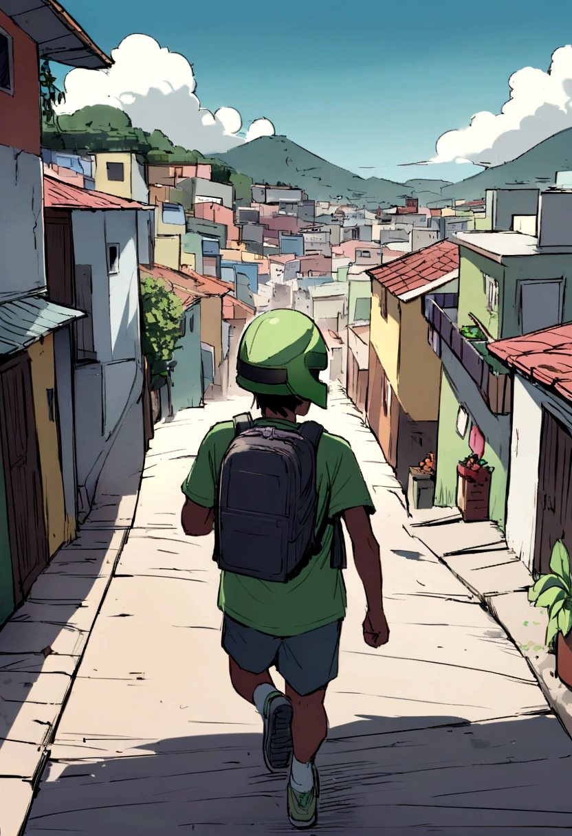 Développer combines image with an individual running in a favela in Rio de Janeiro , with a green backpack on his back, a helmet, short et tennis. Développer une image,Integrate a visually striking obstacle that symbolizes the challenge to be overcome,Inclure des éléments qui représentent l’espoir et la persévérance, comme un doux lever de soleil commençant à illuminer l'horizon.