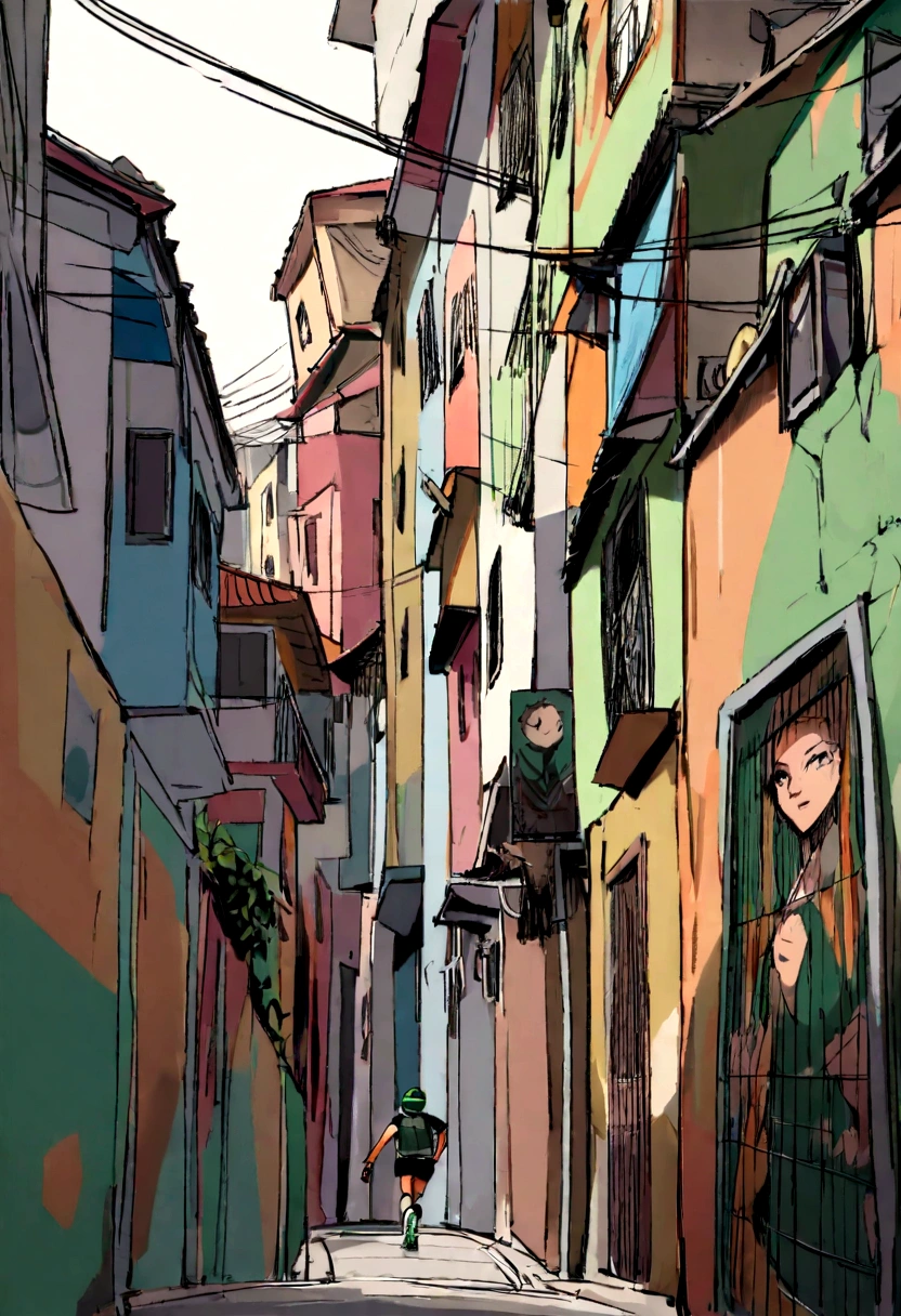 Développer combines image with an individual running in a favela in Rio de Janeiro , with a green backpack on his back, a helmet, short et tennis. Développer une image,Integrate a visually striking obstacle that symbolizes the challenge to be overcome,Inclure des éléments qui représentent l’espoir et la persévérance, comme un doux lever de soleil commençant à illuminer l&#39;horizon.