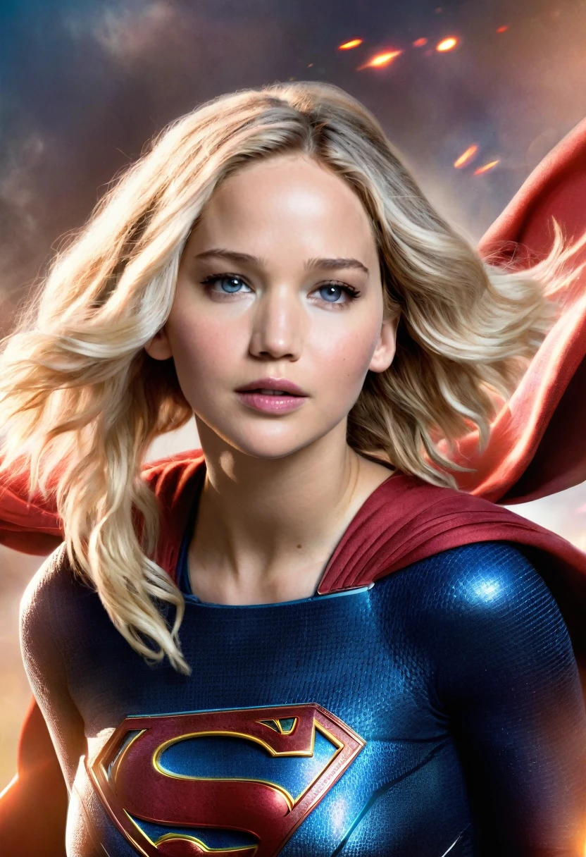 (((Extreme close-up Jennifer Lawrence under the mantle of the Kryptonian Kara Zor-The alias Supergirl frontal images color images Splash))),(((Afro Blonde Hair)))