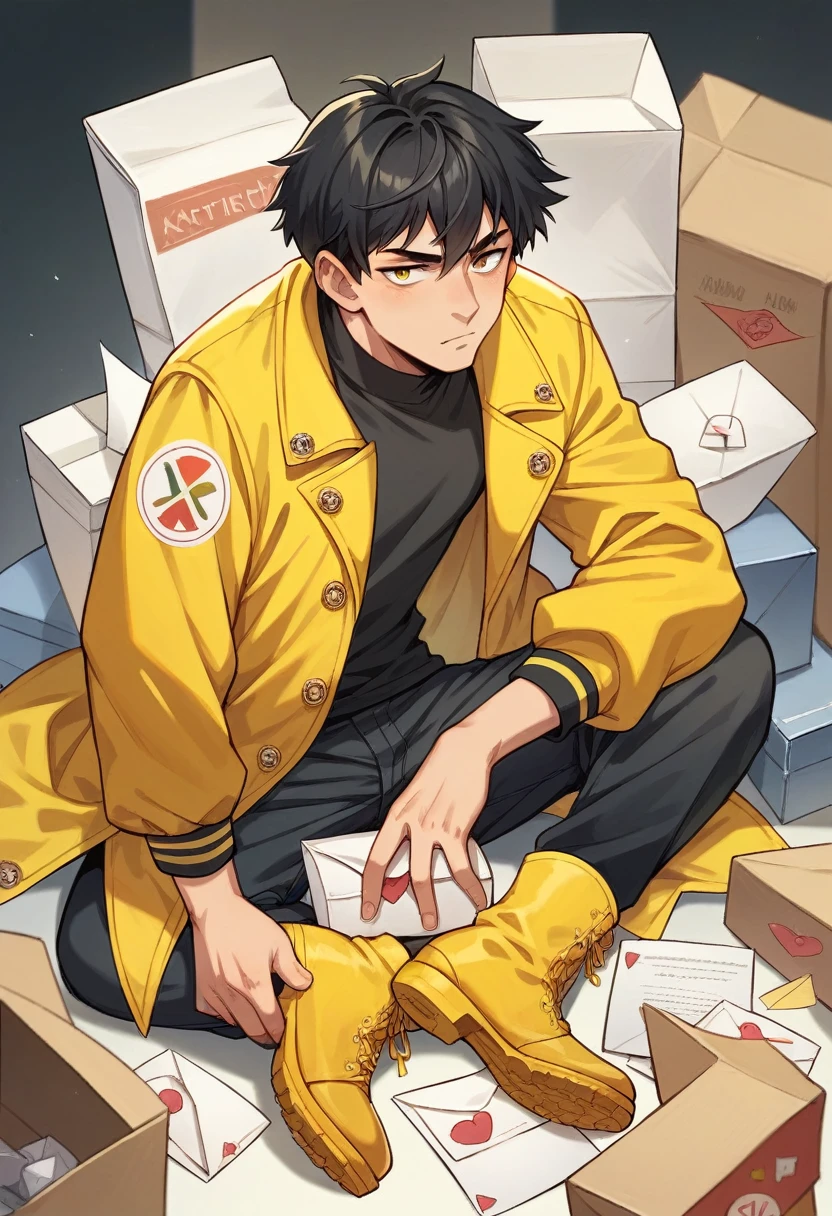 naughty man, Bblack hair, carton, artistry, best qualityer, X Letter, yellow jacket, 2048, yellow boots, yellow backdrop