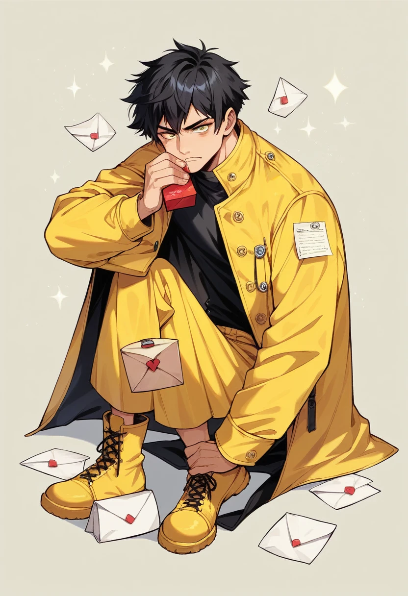 naughty man, Bblack hair, carton, artistry, best qualityer, X Letter, yellow jacket, 2048, yellow boots, yellow backdrop