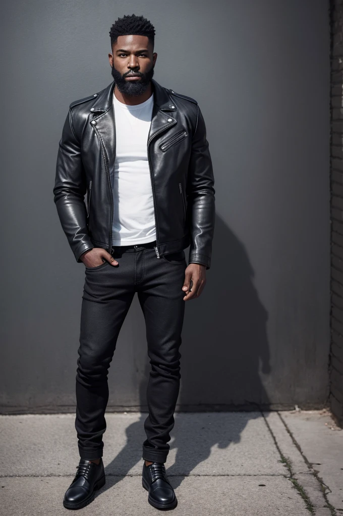 A black man with a well-groomed beard and short, dark hair. He is wearing a black leather jacket over a dark shirt, paired with blue jeans. His hands are casually tucked into his jacket pockets, and he is wearing black shoes. The background is dark, making his figure stand out prominently. Full body image