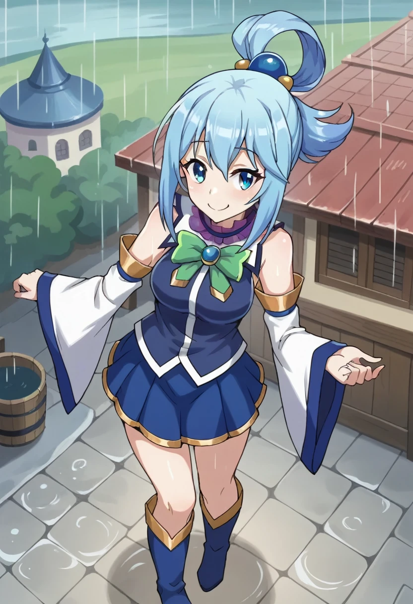 core_9, score_8_up, score_7_up, score_6_up, BREAK source_anime,aqua /(konosuba/), long hair, blue eyes, hair ornament, very long hair, blue hair, hair rings, single hair ring, blue skirt, blue shirt, thighhighs, bare shoulders, detached sleeves, white thighhighs, green bow, blue boots BREAK 1girl, dancing in the rain, detailed eyes, happy, anime screencap, cowboy shot, on the outskirts of Axel, raining