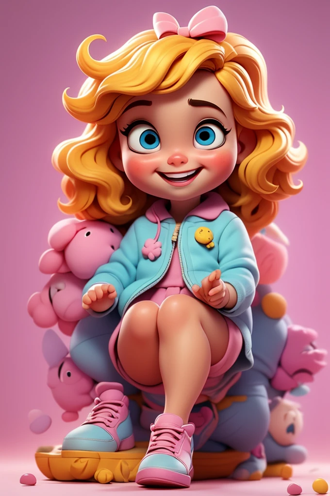 cute  chibi girl blonde hair, bow in head, white and pink background, smiling happy, blue eyes, big eleyelash, rosy cheeks, blue shoes
