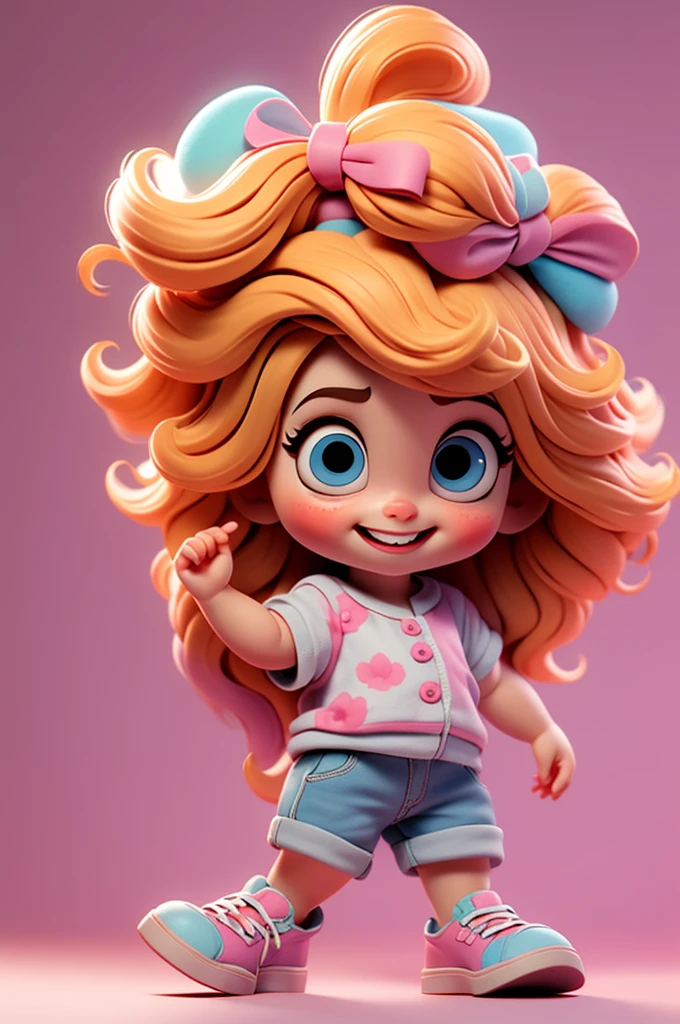 cute  chibi girl blonde hair, bow in head, white and pink background, smiling happy, blue eyes, big eleyelash, rosy cheeks, blue shoes
