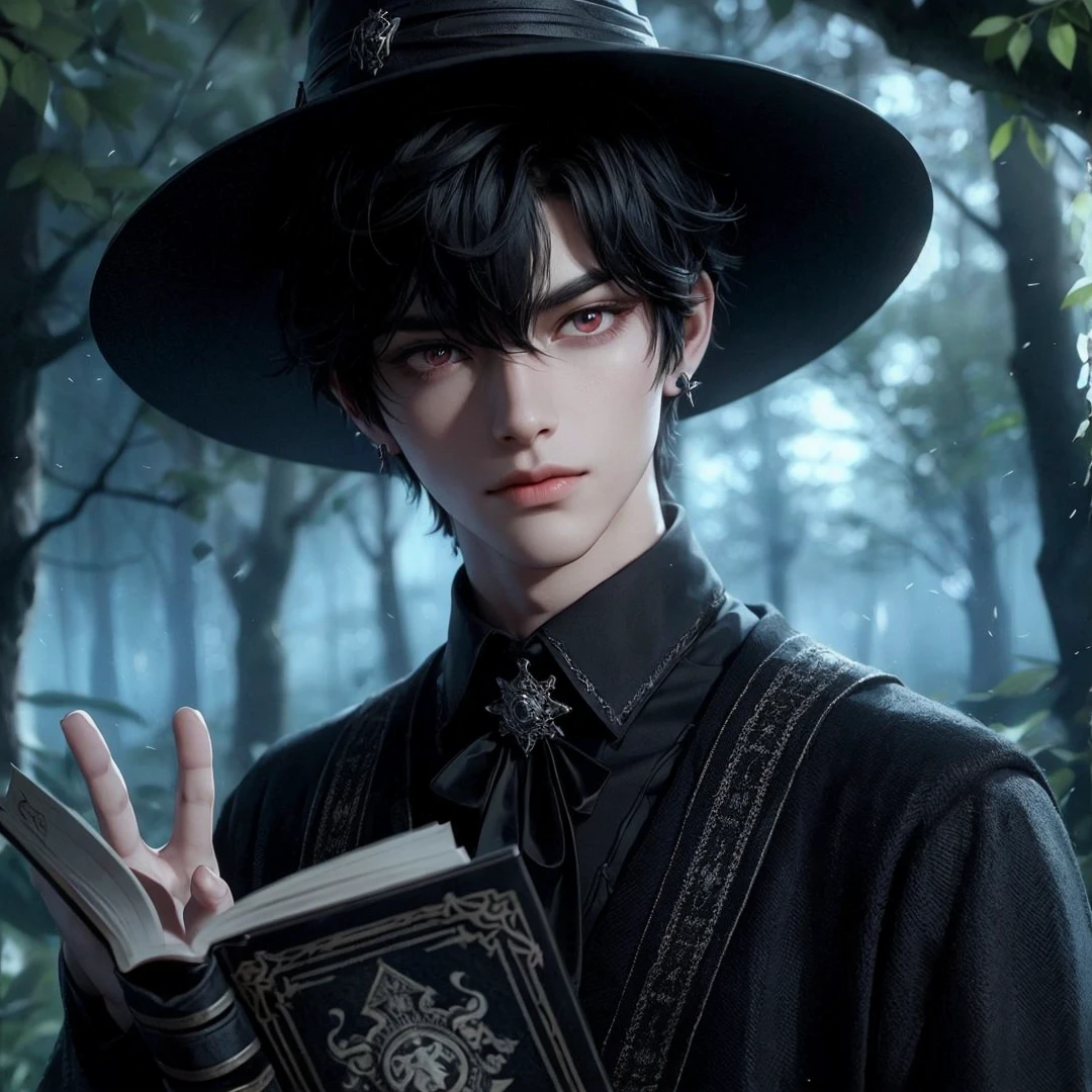 Handsome boy, black hair, red eyes, wearing black witch hat, wearing black witch clothes, holding a black magic book, magic forest background