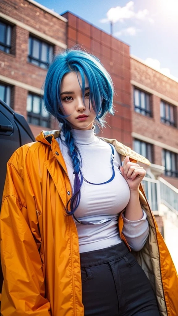 Cute girl with blue hair and orange jacket standing in front of a building, realistic