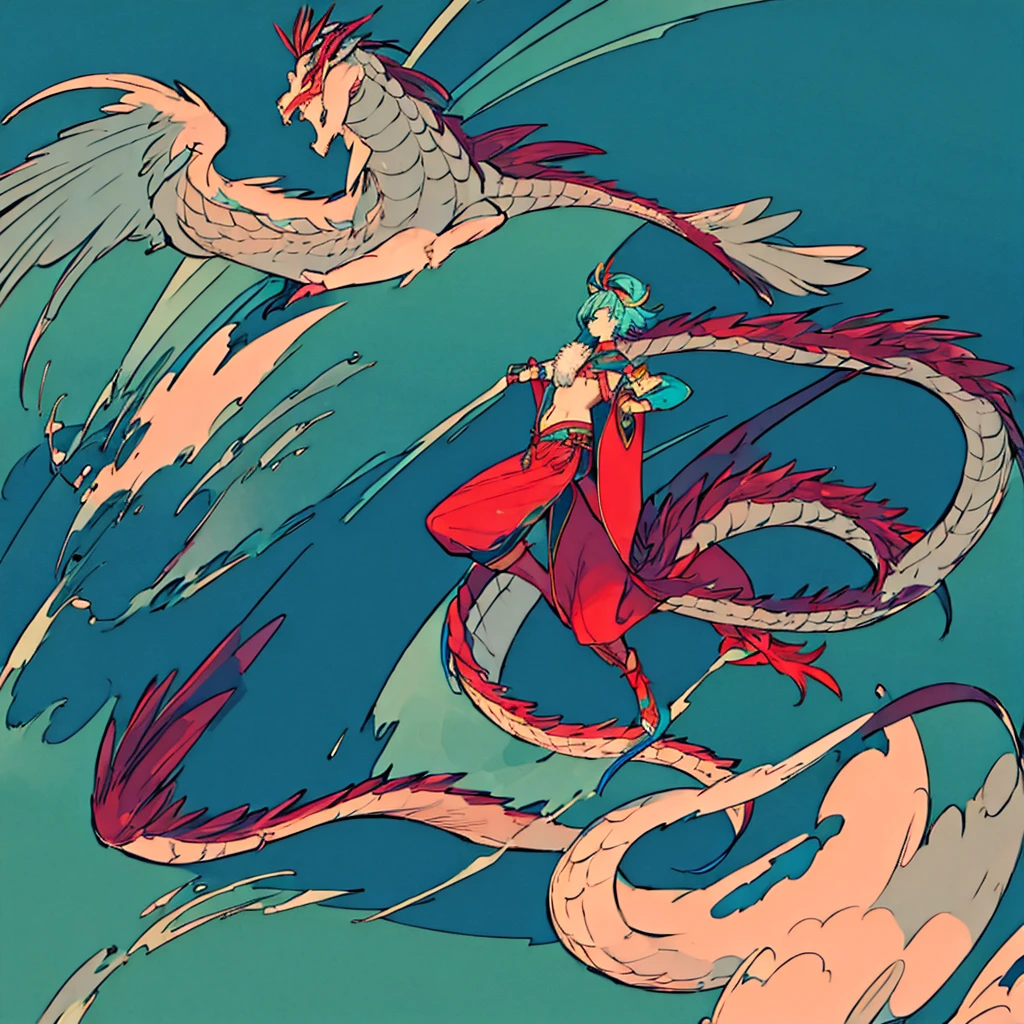 A hybrid teenage chinese dragon boy, medium and slim body, turquoise scales, thin arms, short messy dark turquoise hair, a horn on the forehead, small pointed ears with traditional red earrings, pale rainbow colored eyes, playful and serious gaze, sharp claws, wearing traditional japanese style white and turquoise clothes with red patterns, long chinese dragon tail with turquoise patterns, Full body, firm and dominant pose, with a boat in his right hand, Flat bottom, no background dragon.