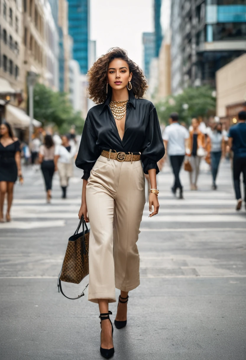 full length ،"A young woman with a street style is walking down a busy street. She is wearing a chic outfit complemented by accessories. The background includes street and modern buildings, showcasing the energy and charm of the city."