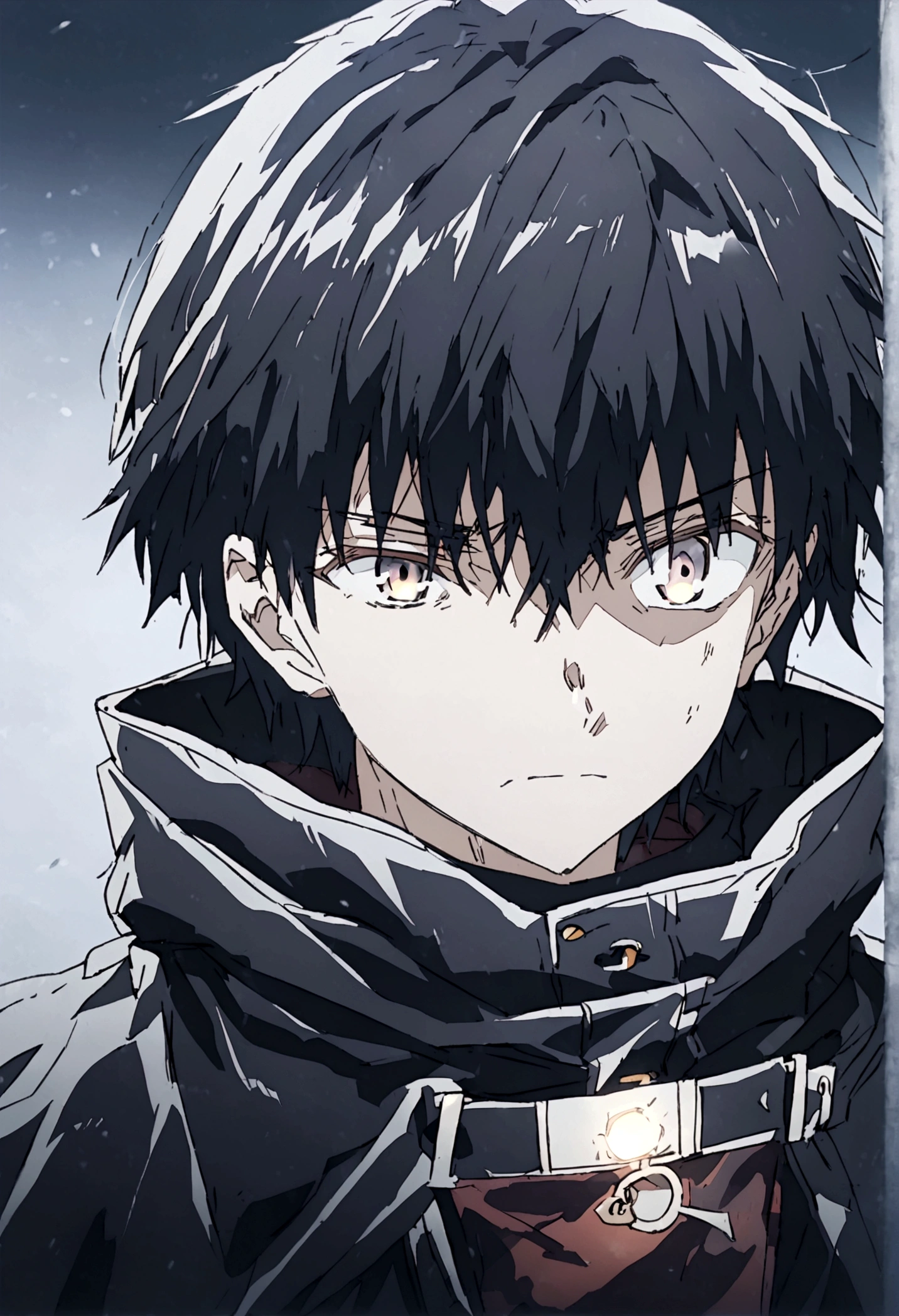 Anime male, black hair, black clothing, tired face expression, best quality, wise, cold-hearted, cool, solo, black fluffy winter hood on, black cloak, hair covering right eye, right eye covered, left eye color is white and is glowing, determined eyes, black shirt, greyish depressing filter tint