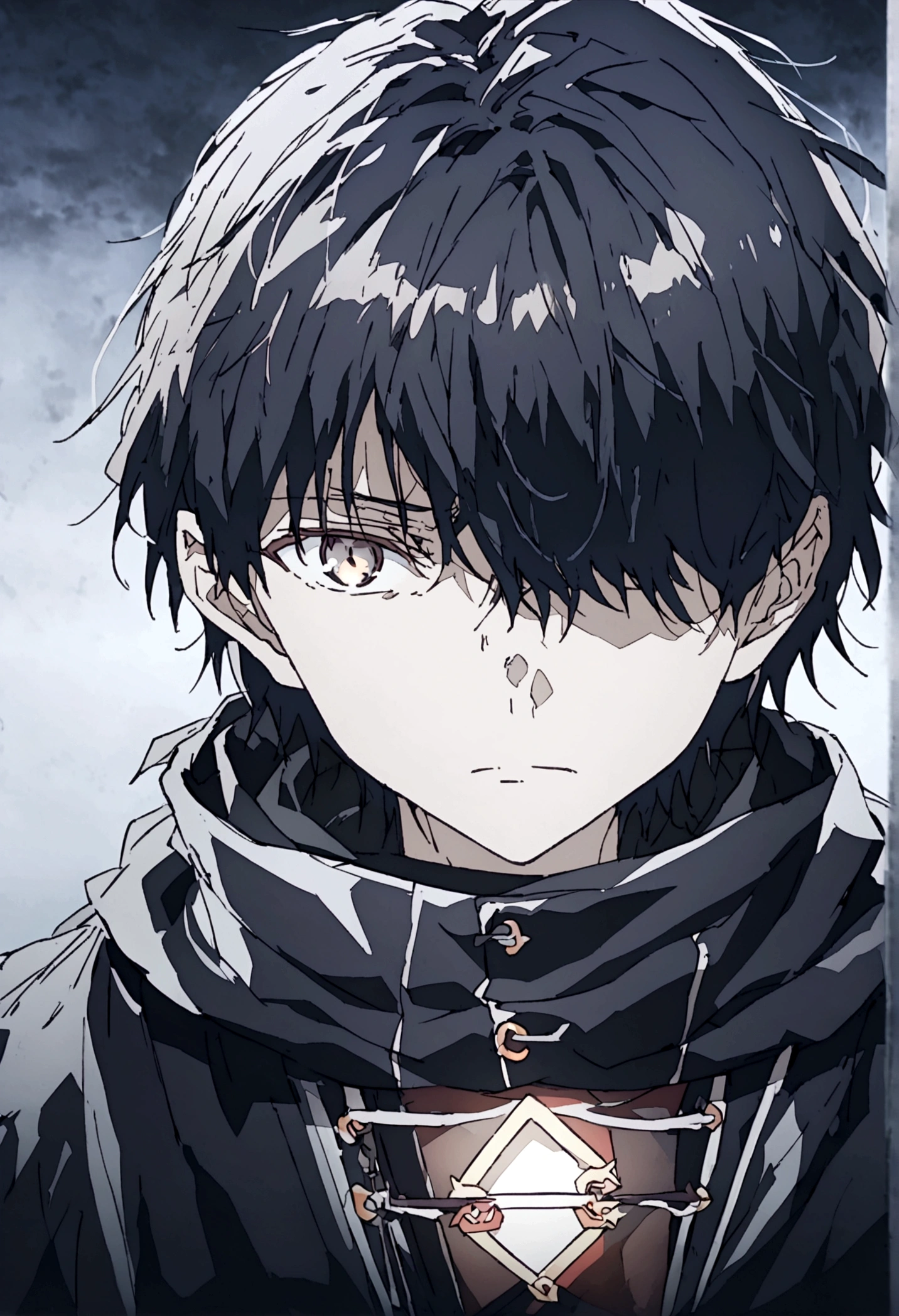 Anime male, black hair, black clothing, tired face expression, best quality, wise, cold-hearted, cool, solo, black fluffy winter hood on, black cloak, hair covering right eye, right eye covered, left eye color is white and is glowing, determined eyes, black shirt, greyish depressing filter tint