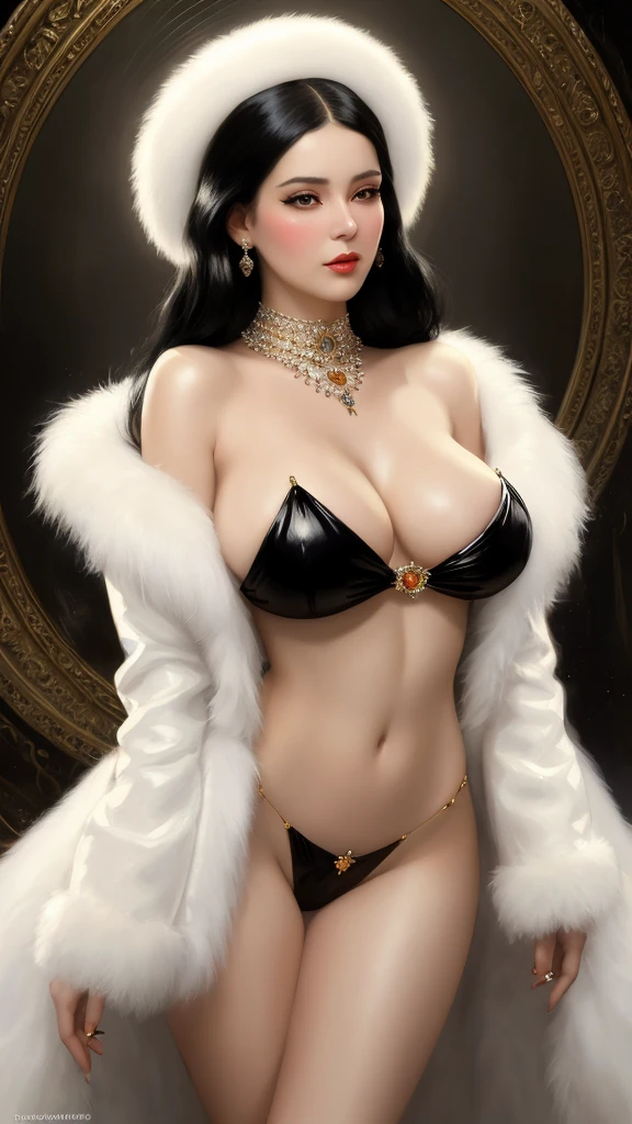 Russian girl, shiny black hair, (Diamond collar, jewelry), white fur coat, fantasy art, concept art, sexy pinup, highly detailed, high quality, 8k, delicate features, feminine, huge breasts, seductive, (style of howard chandler christy:1.0), (art by jean-joseph benjamin-constant:1.0), (art by Boris Vallejo:1.3)