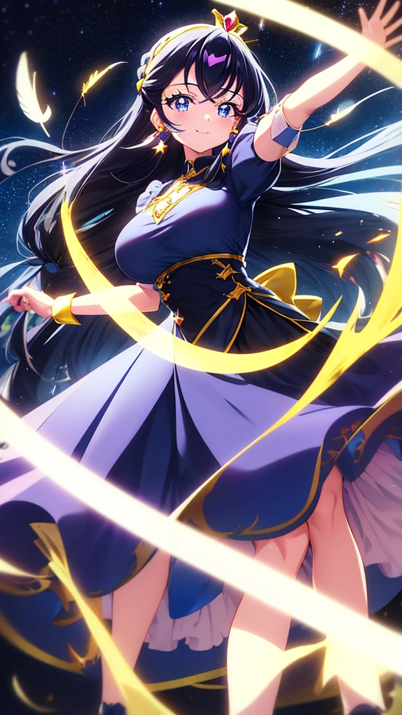best quality, extremely detailed, anime style adult 1girl, long hair down to the waist, straight hair, ((dark black hair with bluish)),crown braid,beautiful detailed eyes, pinched eyes, dark blue eyes, huge breasts,curvy,(((princess motif magical dress))),longskirt,((feather and colorful accessory)),((foppery shoes)),((((light smile)))),((((under starrysky)))),animation cap,animated gif,((in precure style))