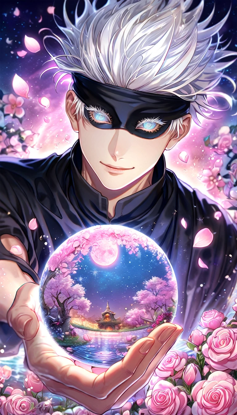 absurdres, highres, ultra detailed, HDR, master piece, best quality, extremely detailed face, delicated features, Gojou Satoru, white hair, black blindfolded eyes, Jujutsu Kaisen, solo, sexy man, handsome, smile, black clothes, pink flowers, pink petals, water, magical, fantasy, pink moon, starry sky, envy magical