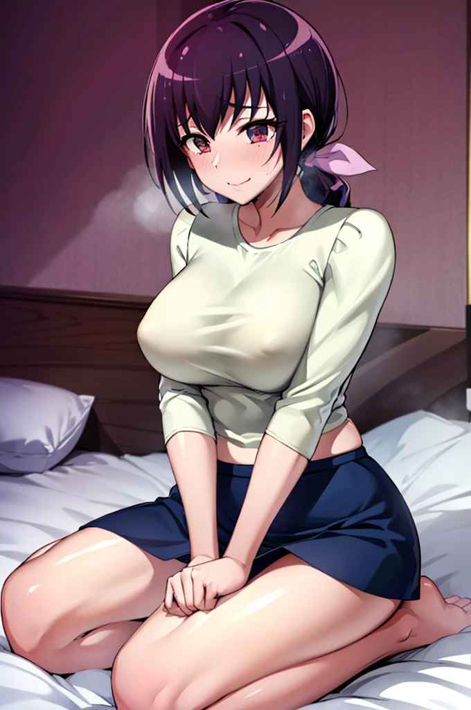 Highest quality, expensive_solve, clear_image, Detailed Background ,Adult female、prostitution、Delivery Health、Prostitute、White shirt、Navy blue short pleated skirt,Underskirt、Sweaty clothes、shiny black hair、Shortcuts、Bedroom、 night,Big Breasts、Costumes that look like they're going to tear、Tight outfit、Plump、Naughty smile、Sweaty、Skirt flip、Hot Breath、expectant face、Detailed costume、Detailed face、Sit on the bed with your legs apart、Sit on the bed with your knees apart、Love hotel bedroom、