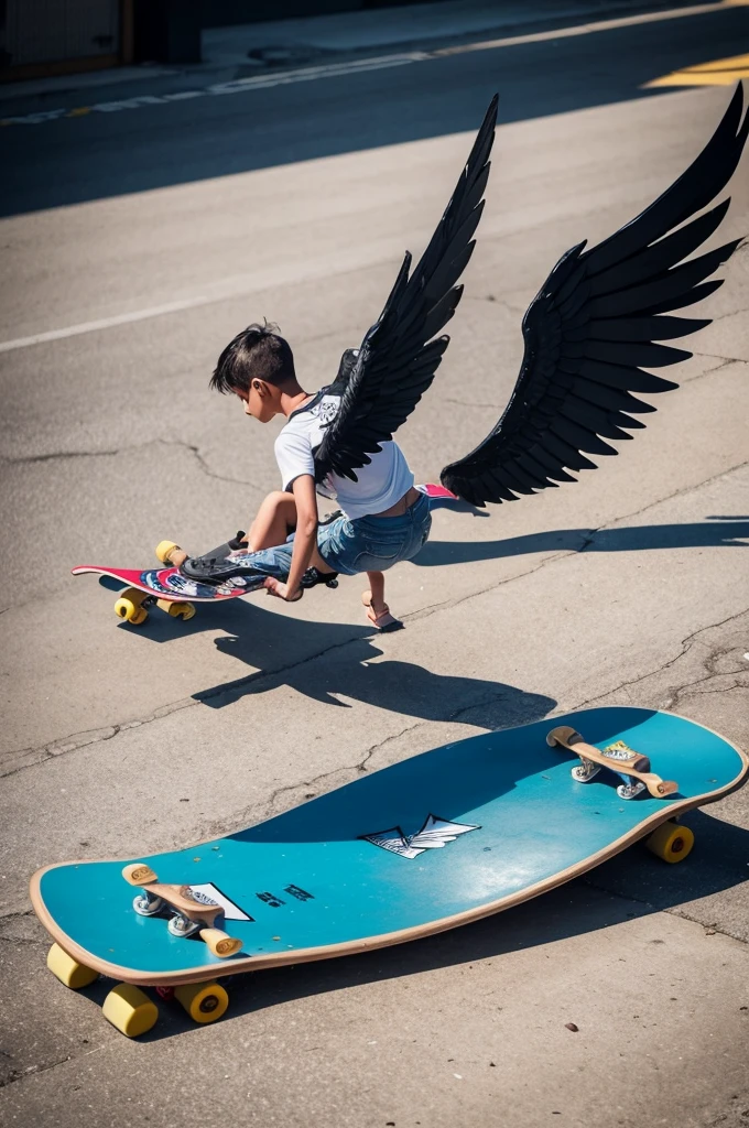 Broken skateboard with wings 