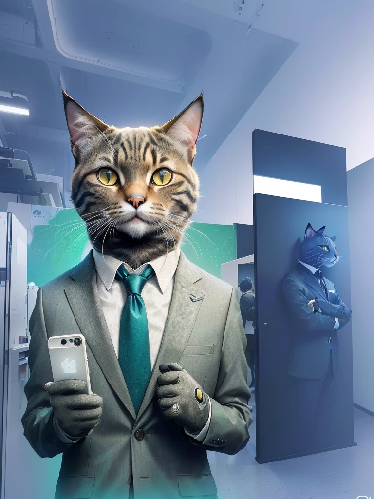 there is a cat in a suit and tie holding a cell phone, anthropomorphic cat, cyberfied, in the background there is a highly technological office combining, Papel de parede - 1 0 2 4, human cat hybrid, ready anthropomorphic, gato ciberpunk, an anthropo cat, cyborg cat, anthropomorphic lynx, cat from the void, stylized digital illustration, photo rendering, by Wayne England