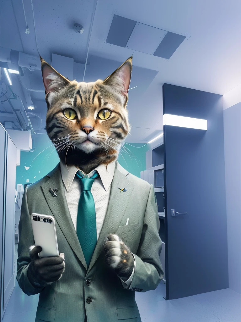 there is a cat in a suit and tie holding a cell phone, anthropomorphic cat, cyberfied, in the background there is a highly technological office combining, Papel de parede - 1 0 2 4, human cat hybrid, ready anthropomorphic, gato ciberpunk, an anthropo cat, cyborg cat, anthropomorphic lynx, cat from the void, stylized digital illustration, photo rendering, by Wayne England