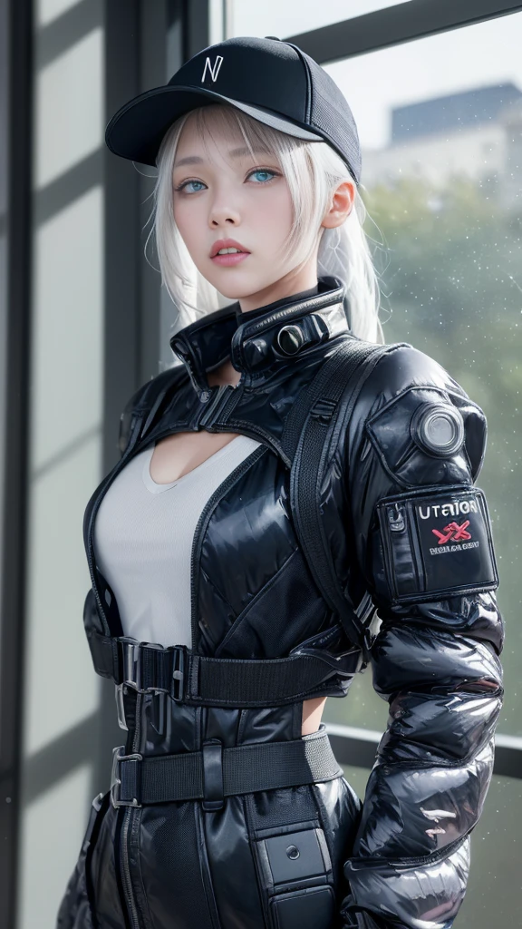 masterpiece, Highest quality, 4K, Ultra-high resolution, mishoujo, Painting, Beautiful eyes and fine face, figure, Beautiful details, high resolution figure, Shine_white_particle, One girl, white hair, Light purple eyes, Hair on one eye, Short side details, Baseball cap,Expressionless, Window Shades, Black jacket, Chest Rig, cyber punk, Techwear,(Impressionism:1.4), Vincent van Gogh、Very beautiful woman、Slender women、(Detailed face)、Realistic skin、((Delicate photo)),(Girl Masterpiece RAW Photo Details:1.25), (Highest quality:1.6), (Ultra-high resolution:1.5), (Realistic:1.75), 8K resolution, Canon EOS R5, 50mm, Absurd, Ultra-detailed,Cinema Lighting、