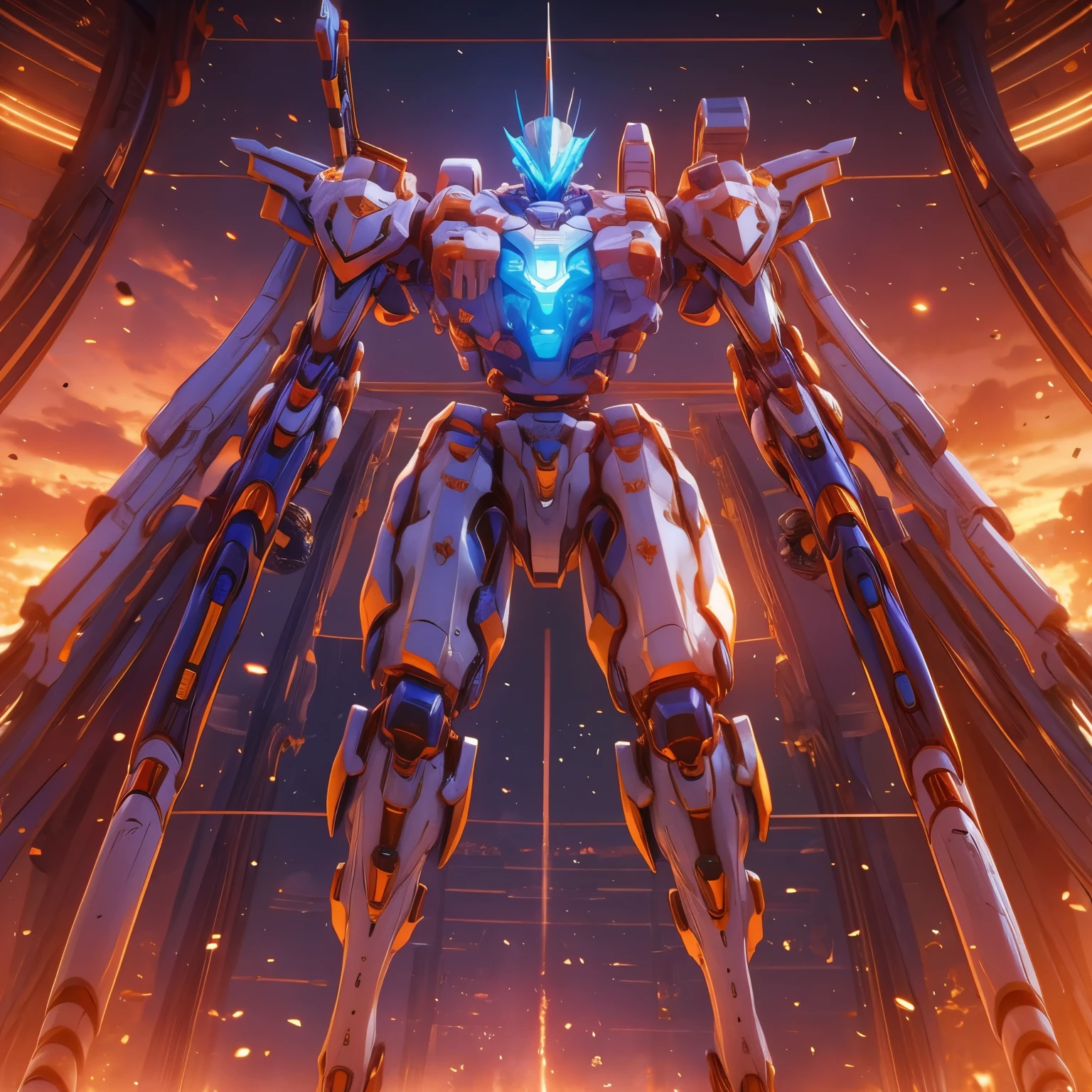 Obra de arte, melhor qualidade:1.7)Mech branco e azul com detalhes dourados, médio, segurando uma sniper azul grande. Realistic, Extremely detaild, 4K UHD, HDR, naturallight, cinematic lighting, masterpiece-anatomy-perfect, ultra HD, Space Combat, Battlefield, RAW photo, metallic, ultra-fine painting, perfect body proportions, anatomically correct, real texture material, Anti-Aliasing, TXAA, SSAO, Post Processing, Post Production, Tone Mapping, CGI, VFX, SFX, Hyper maximalist, ultra photorealultra-detailed intricate details.