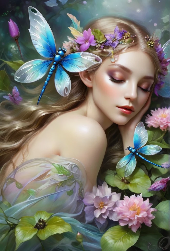 faerie,(fully body),elf ears,dragonfly wings, sensually laying down sleeping on flowers,hair decorated with flowers, Branches and Leaves,around a scene of magic,with flowers,a bit of mist(high qualiy),(refined details),(work of art)(monet style)